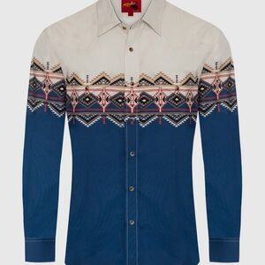 New Men's Western Snap Button Blue and Cream Aztec Patterned Shirt M-2XL